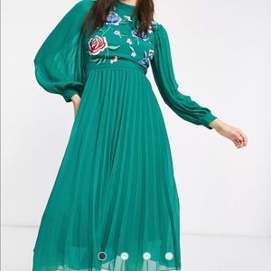ASOS high neck pleated long sleeve midi dress with embroidery in forest green